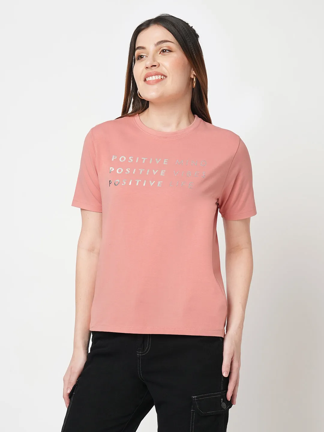 Women Chest Printed Slim Fit Blush Pink Boxy T-Shirt