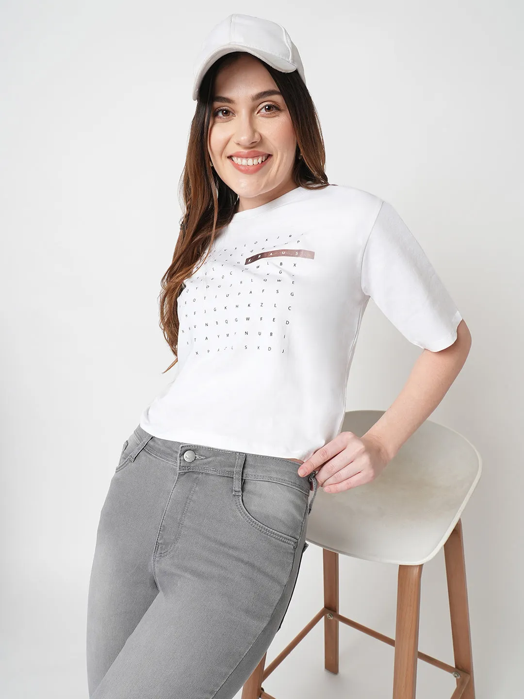 Women Chest Printed Slim Fit White Crop T-Shirt