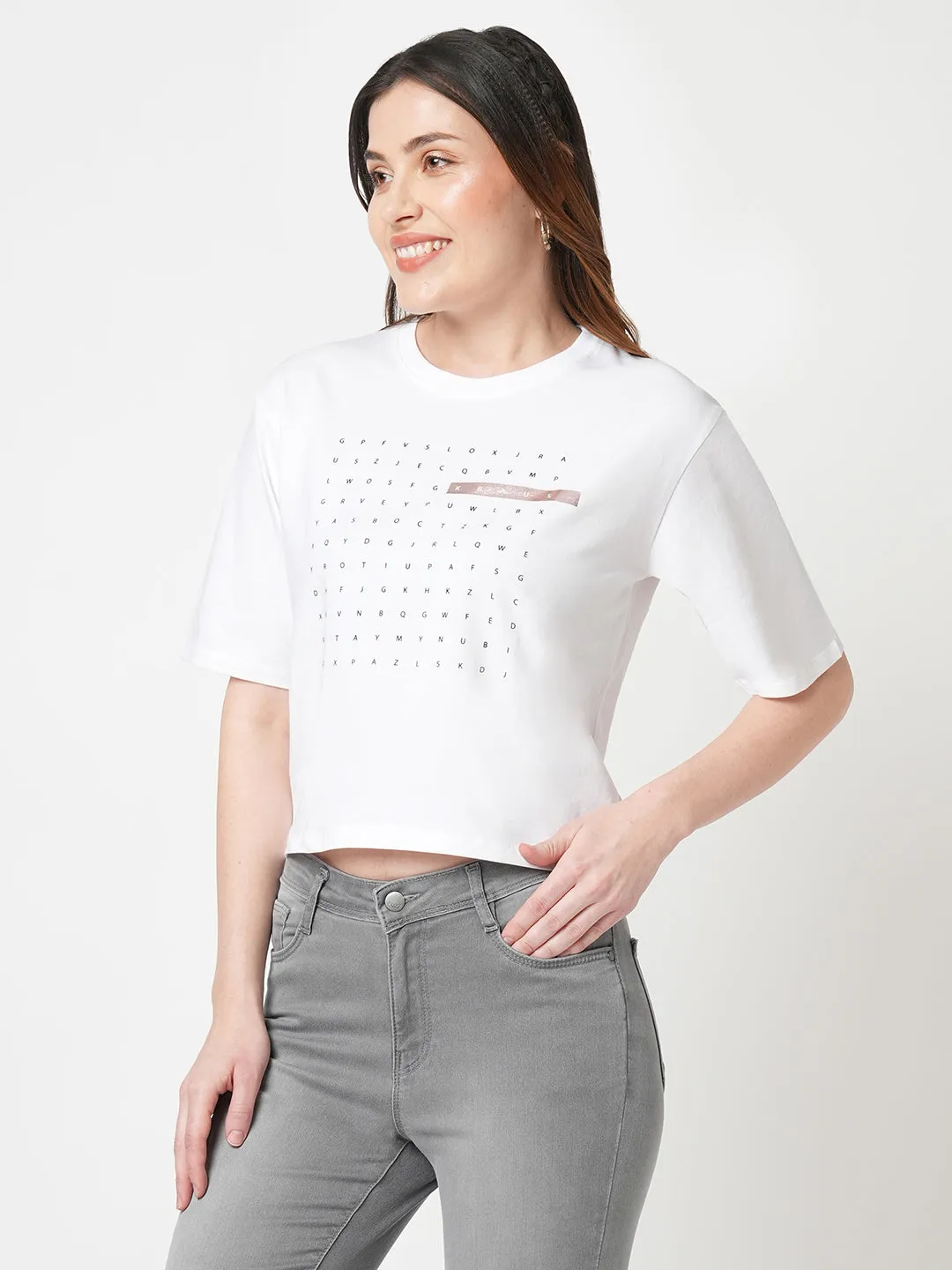 Women Chest Printed Slim Fit White Crop T-Shirt