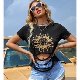 Women Clothing Sexy Casual Irregular Asymmetric Pattern Printed T Shirt Vest