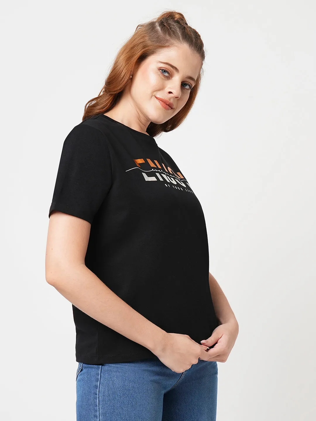 Women Slim Fit Black Boxy T-Shirt Chest Print