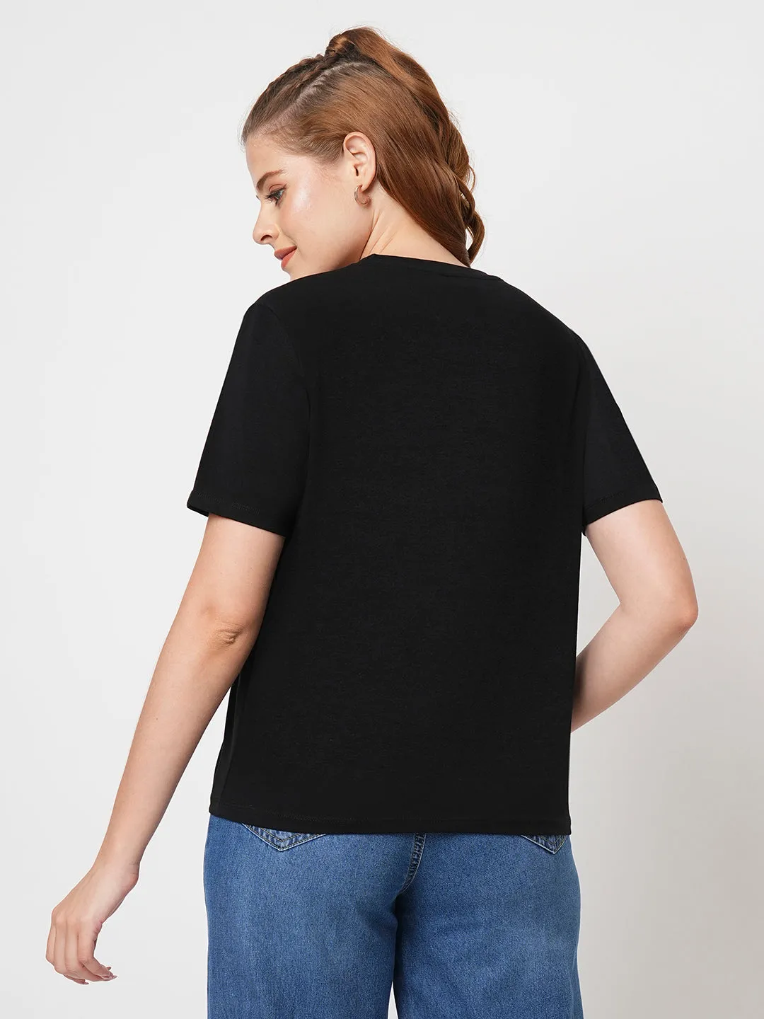 Women Slim Fit Black Boxy T-Shirt Chest Print