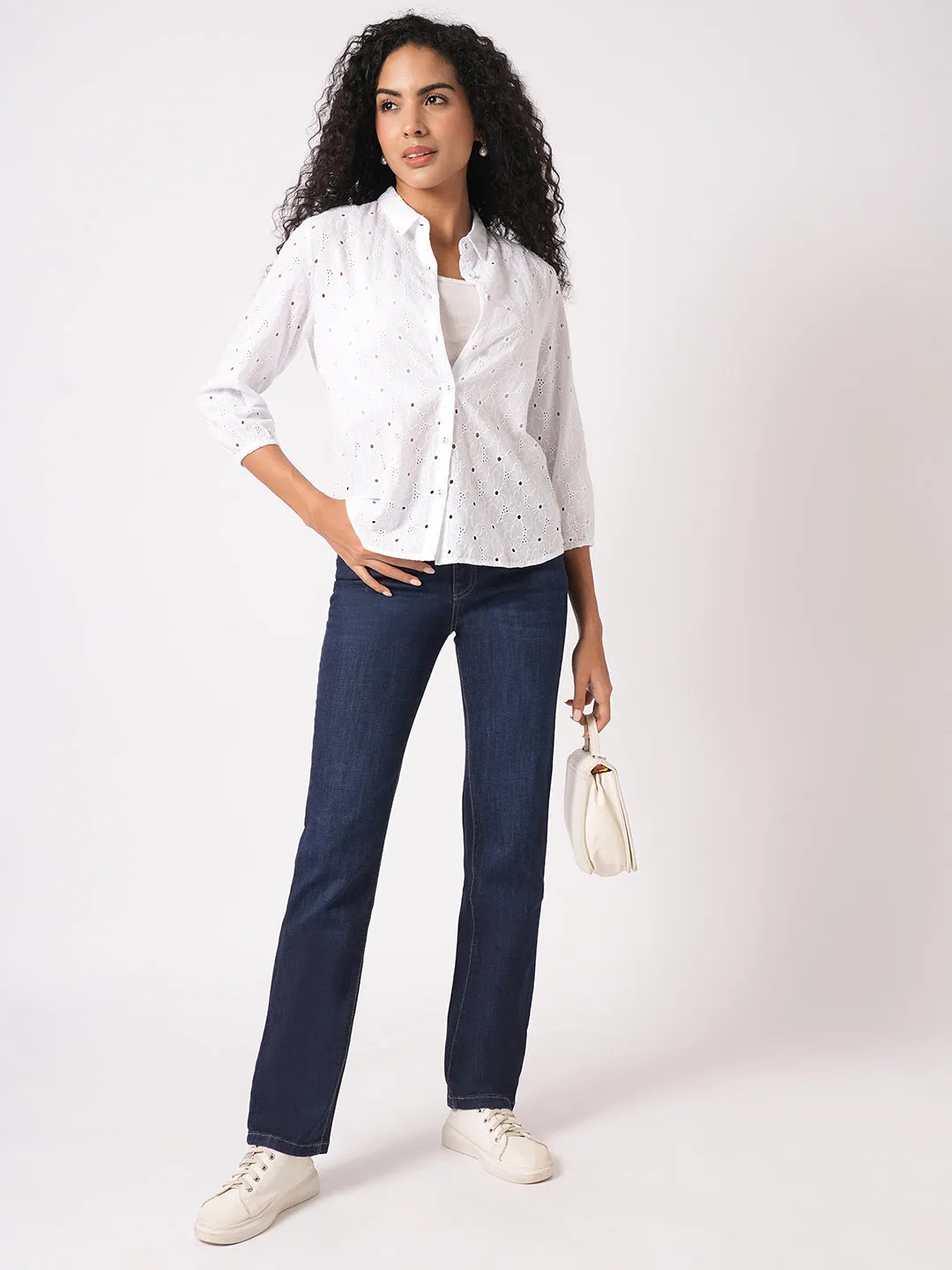 Women Slim Fit Bleach White  Schiffli Shirt