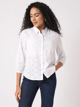 Women Slim Fit Bleach White  Schiffli Shirt