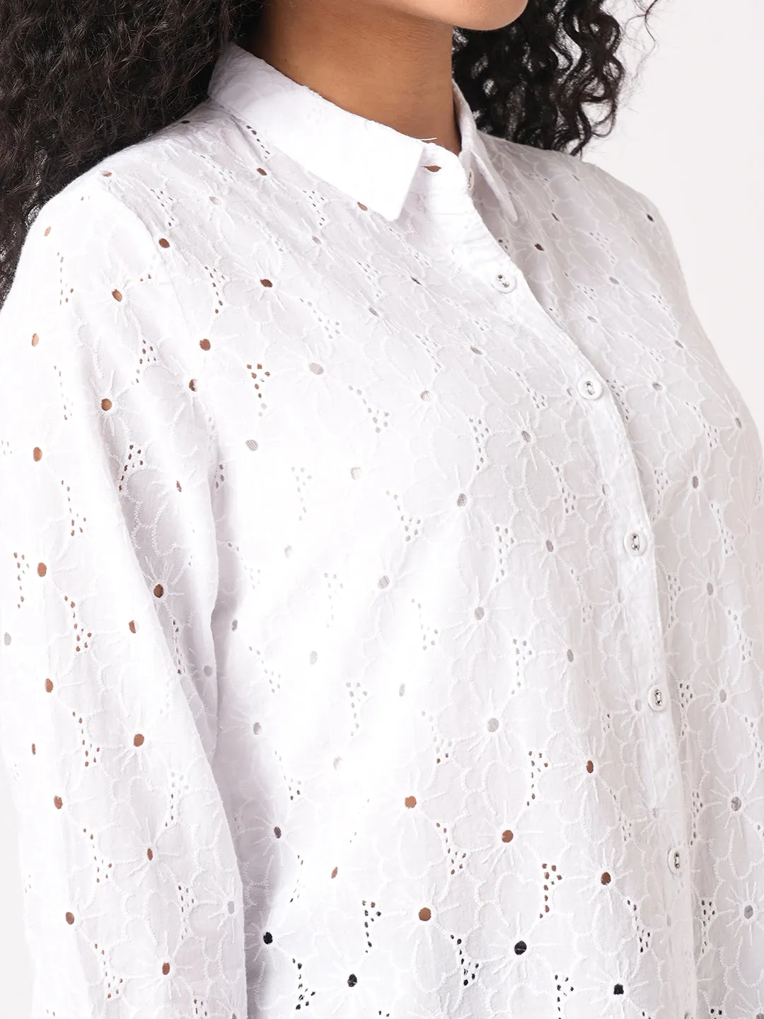 Women Slim Fit Bleach White  Schiffli Shirt