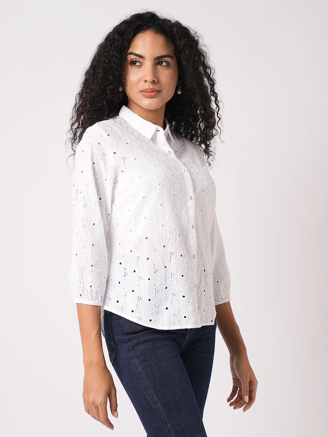 Women Slim Fit Bleach White  Schiffli Shirt