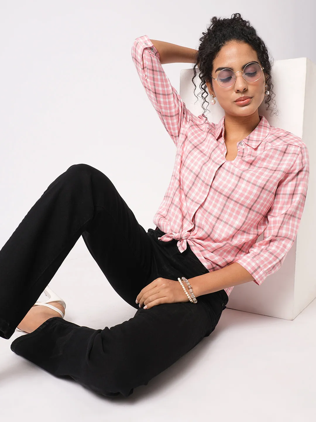 Women Slim Fit Coral/White Checks Shirt