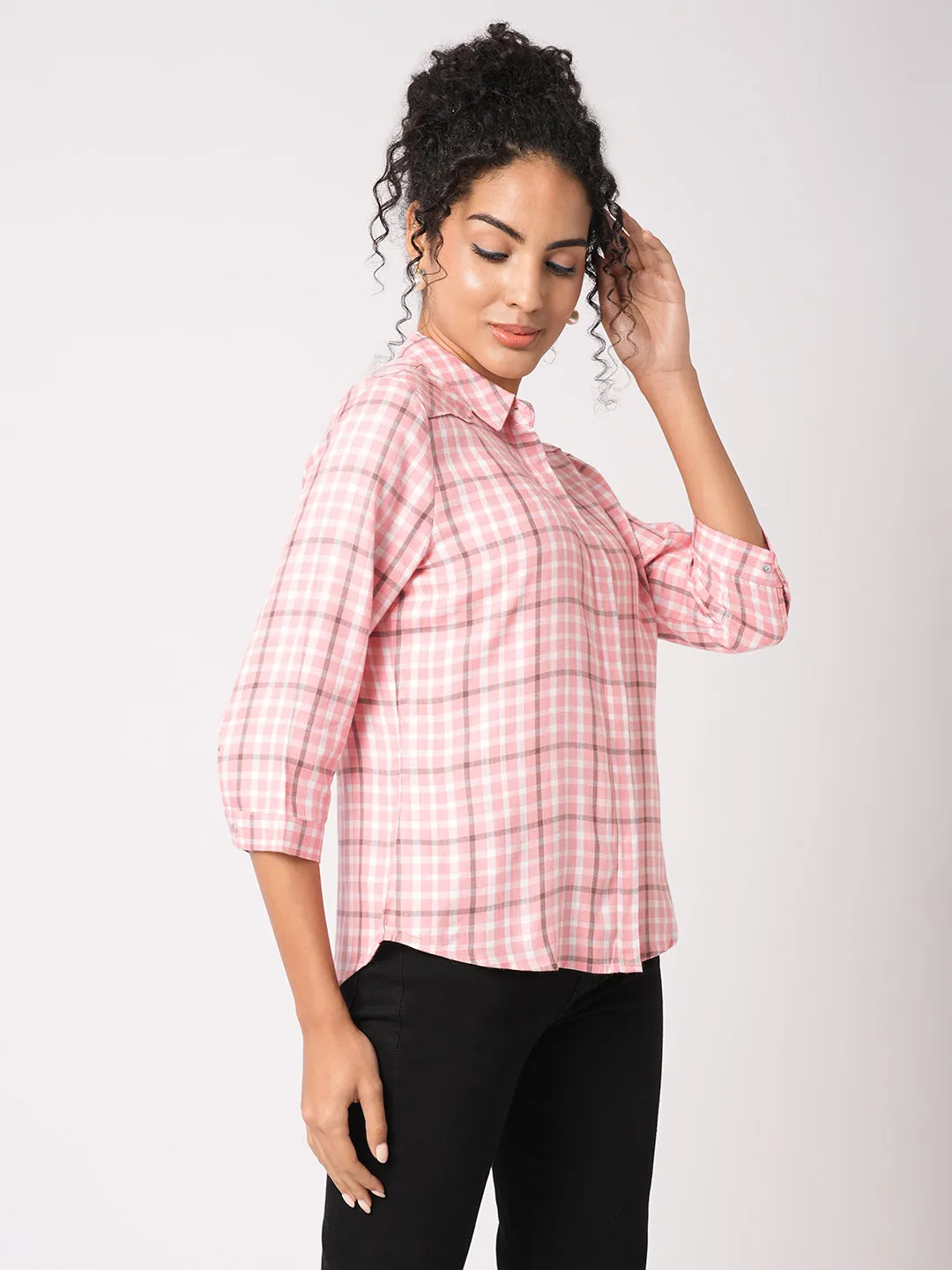 Women Slim Fit Coral/White Checks Shirt