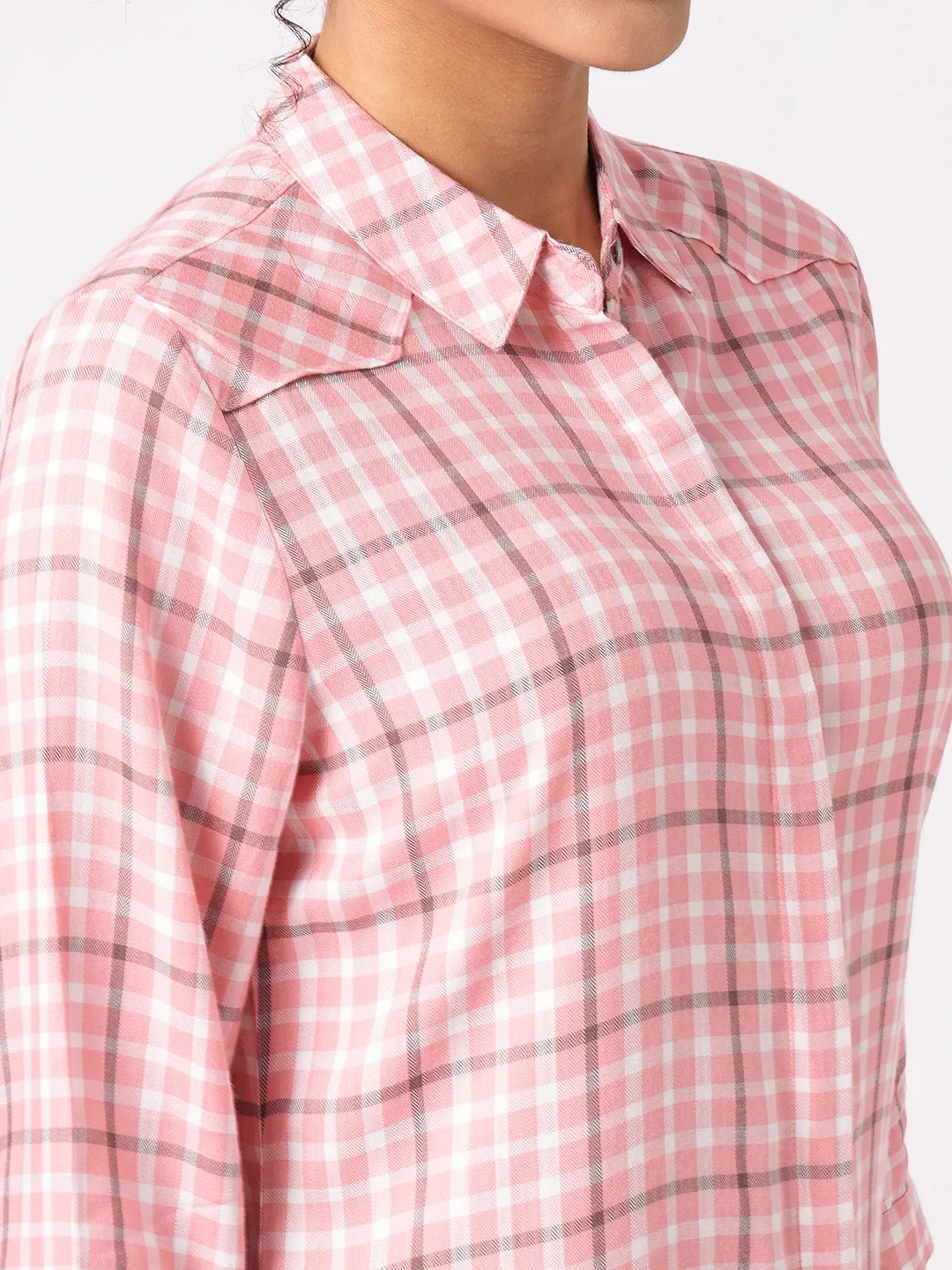 Women Slim Fit Coral/White Checks Shirt