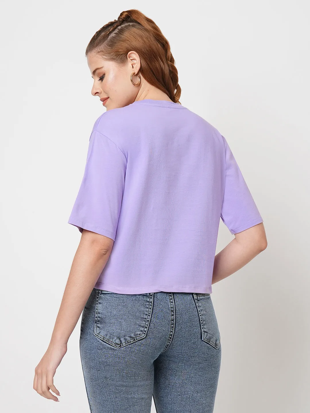 Women Slim Fit Lilac Crop T-Shirt Chest Print