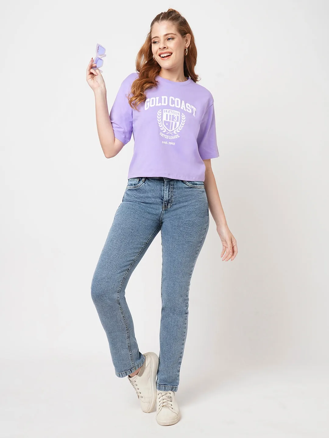 Women Slim Fit Lilac Crop T-Shirt Chest Print