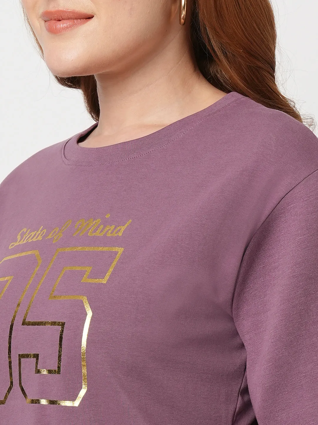 Women Slim Fit Mauve Boxy T-Shirt Chest Print