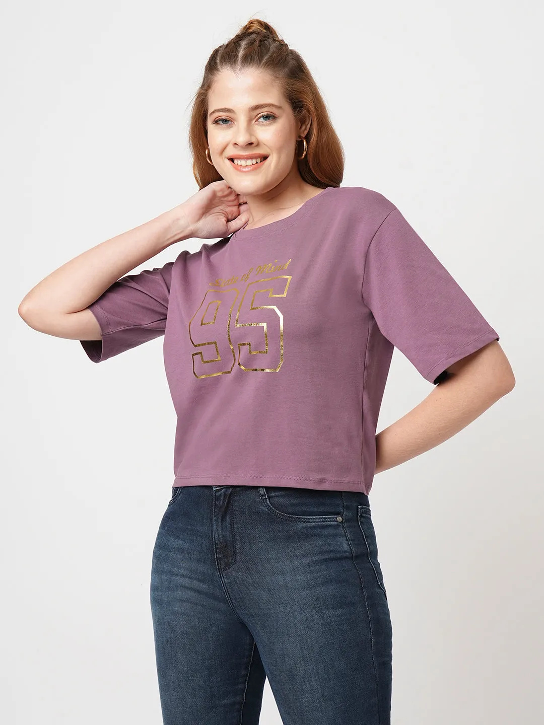 Women Slim Fit Mauve Boxy T-Shirt Chest Print