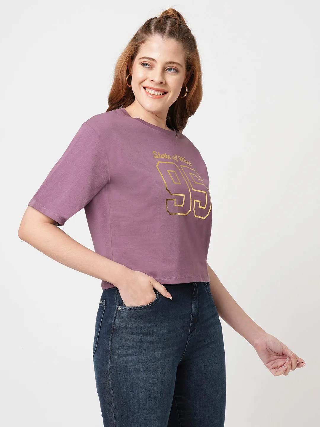 Women Slim Fit Mauve Boxy T-Shirt Chest Print