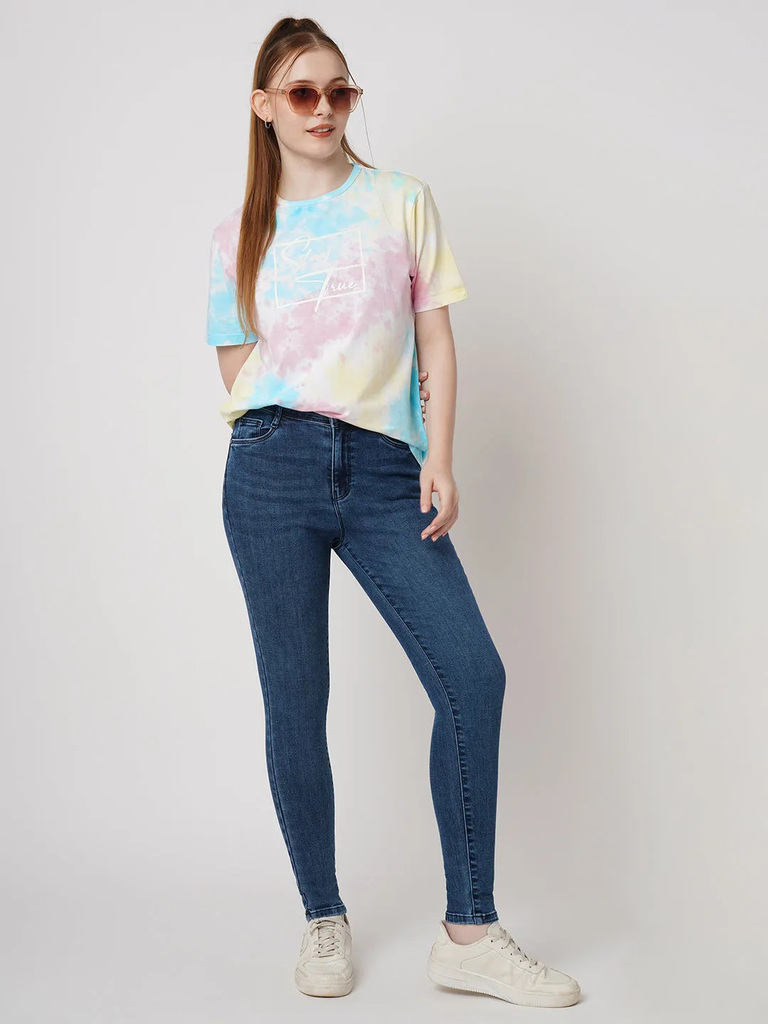 Women Slim Fit Multi Tie Dyed Boxy Chest Print T-Shirt