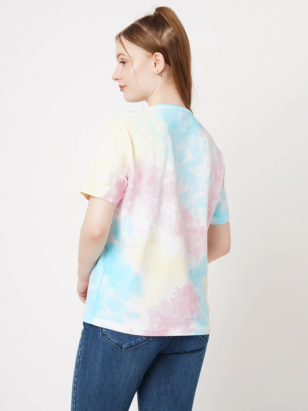 Women Slim Fit Multi Tie Dyed Boxy Chest Print T-Shirt