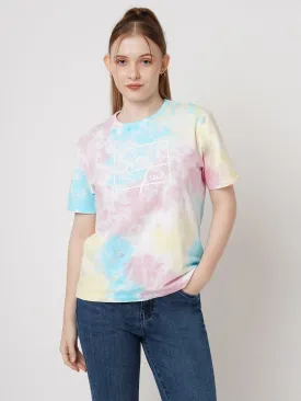 Women Slim Fit Multi Tie Dyed Boxy Chest Print T-Shirt