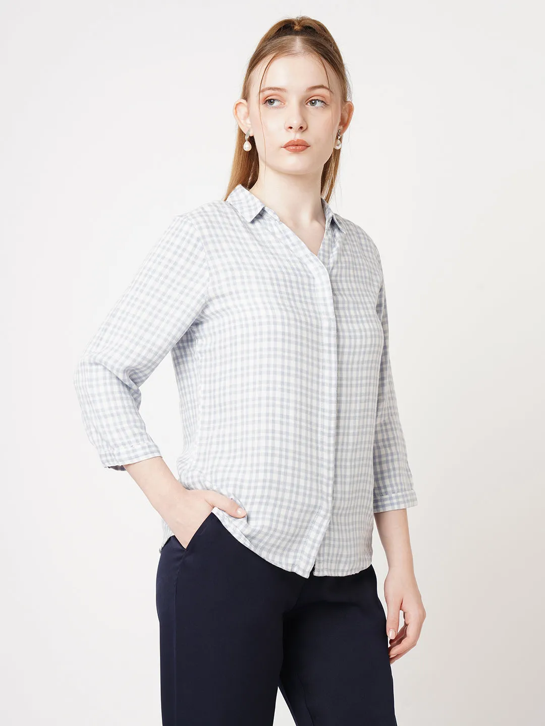 Women Slim Fit Pale iris / White Checks Shirt