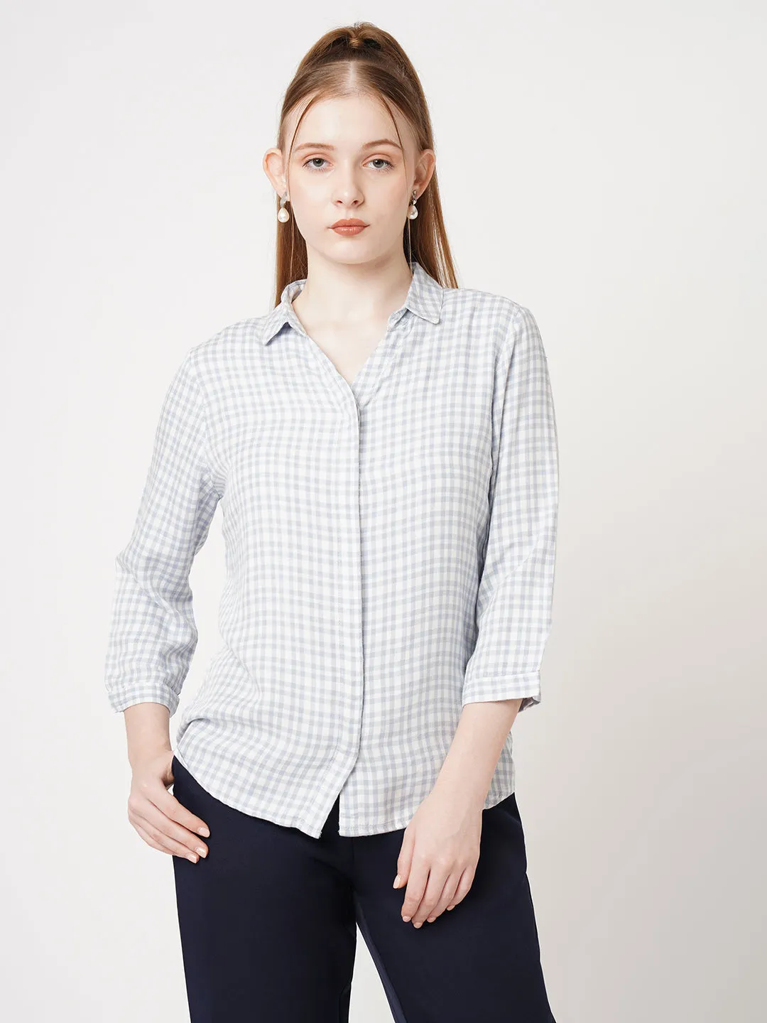 Women Slim Fit Pale iris / White Checks Shirt