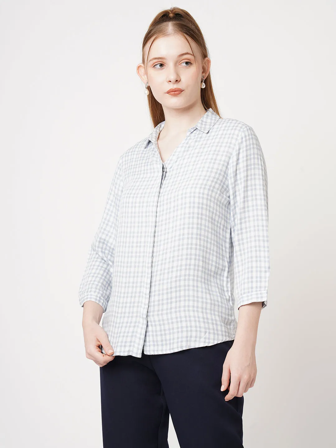 Women Slim Fit Pale iris / White Checks Shirt