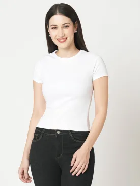 Women Slim Fit White Solid Crop T-Shirt