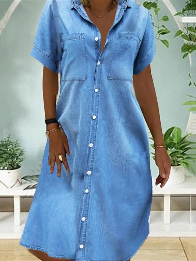 Women's Casual Dress Denim Shirt Dress Midi Dress Denim Fashion Modern Outdoor Daily Shirt Collar Button Pocket Short Sleeve Summer Spring 2023 Regular Fit Blue Plain S M L XL 2XL