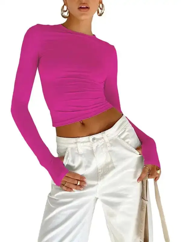 Women’s solid color bottoming round neck T-shirt hot girl slimming long-sleeved top T-shirt