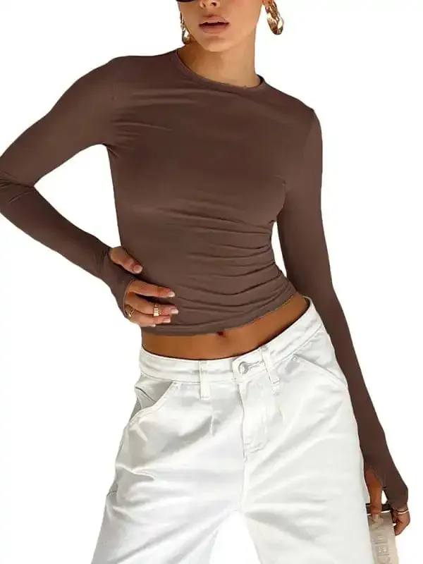 Women’s solid color bottoming round neck T-shirt hot girl slimming long-sleeved top T-shirt
