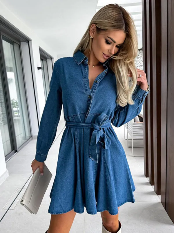 Women's waist-cinched lapel denim dress